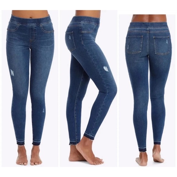 Spanx Distressed Ankle Frayed Hem Denim Pull On Jeans‎ Dark Wash L/G - Picture 1 of 10